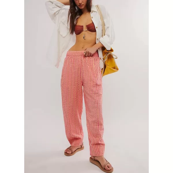 chouyatou Womens Casual Plaid Straight Leg Pant High Waisted Gingham Cropped Palazzo PantsPink
