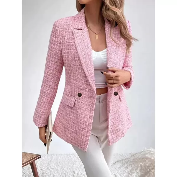 chouyatou Womens Double Breasted Tweed Blazer Jacket Business Casual Dressy Blazer Office Work SuitsPink