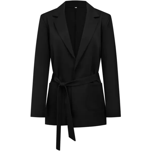 chouyatou Womens Elegant Belted Notched Lapel Open Front Office Work Blazer JacketBlack