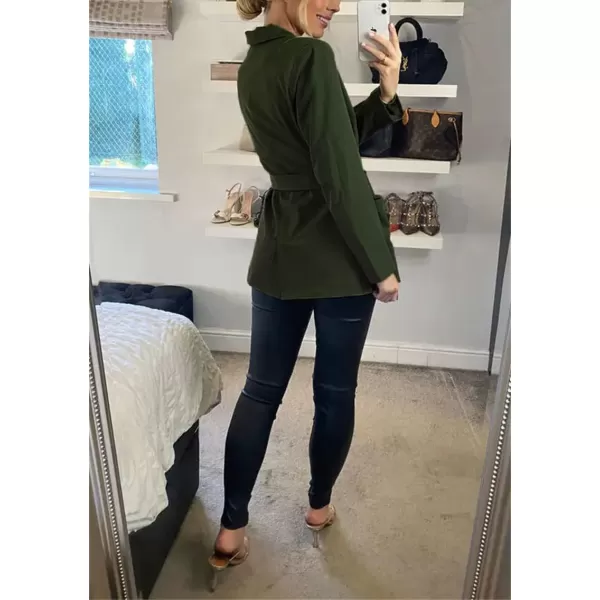 chouyatou Womens Elegant Belted Notched Lapel Open Front Office Work Blazer JacketGreen