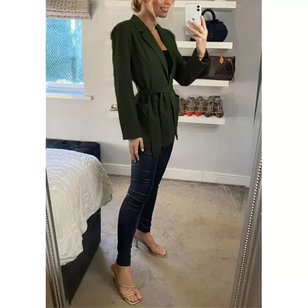 chouyatou Womens Elegant Belted Notched Lapel Open Front Office Work Blazer JacketGreen