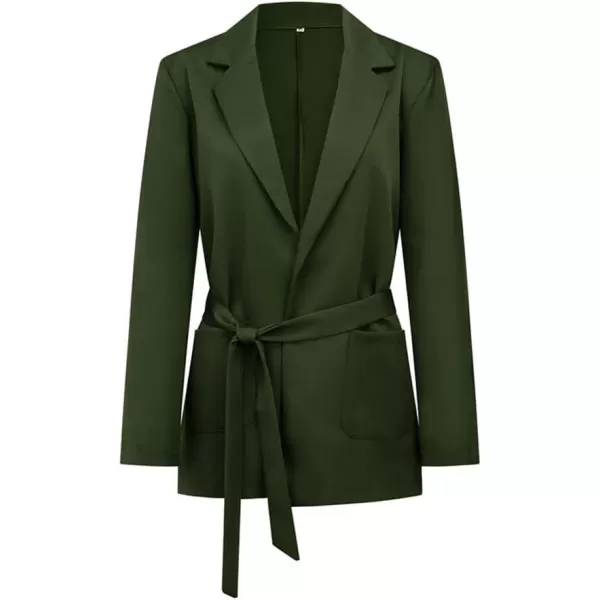 chouyatou Womens Elegant Belted Notched Lapel Open Front Office Work Blazer JacketGreen