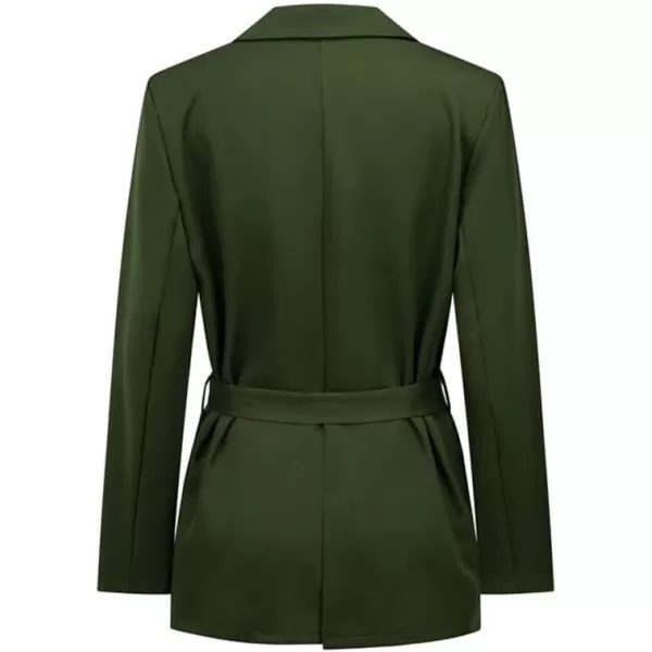 chouyatou Womens Elegant Belted Notched Lapel Open Front Office Work Blazer JacketGreen