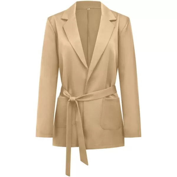 chouyatou Womens Elegant Belted Notched Lapel Open Front Office Work Blazer JacketKhaki