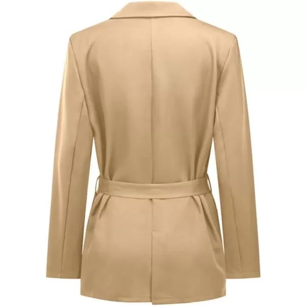 chouyatou Womens Elegant Belted Notched Lapel Open Front Office Work Blazer JacketKhaki