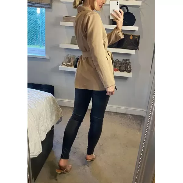 chouyatou Womens Elegant Belted Notched Lapel Open Front Office Work Blazer JacketKhaki