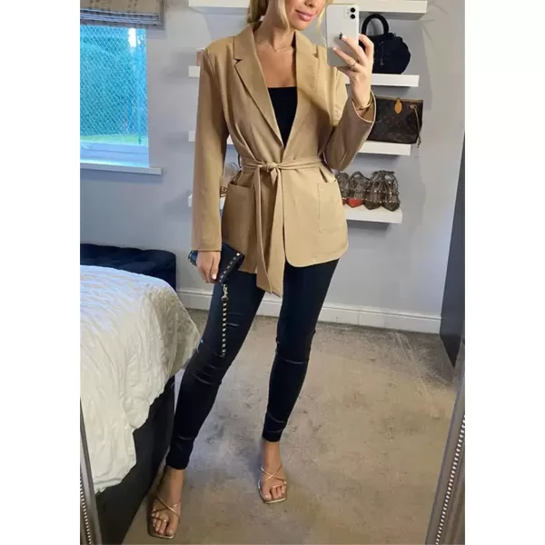 chouyatou Womens Elegant Belted Notched Lapel Open Front Office Work Blazer JacketKhaki