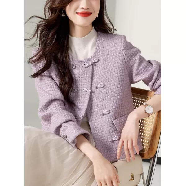 chouyatou Womens Elegant Button Down Tweed Jacket Collarless Slim Fit Business Casual Blazer Jacket CoatPurple