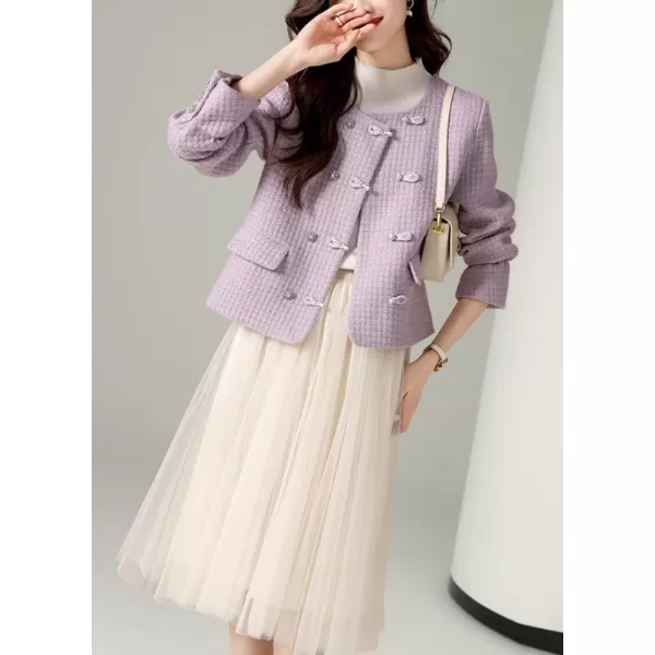 chouyatou Womens Elegant Button Down Tweed Jacket Collarless Slim Fit Business Casual Blazer Jacket CoatPurple