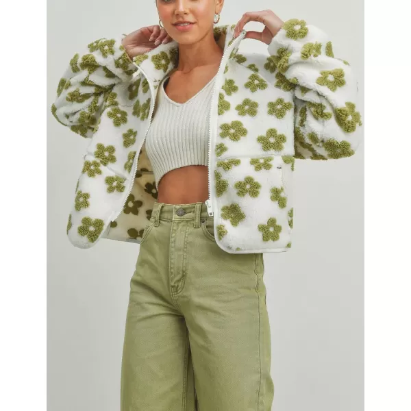 chouyatou Womens Fall Winter Casual Cute Floral Fleece Jacket Fuzzy Zip Up Sherpa Jacket Faux Fur CoatGreen