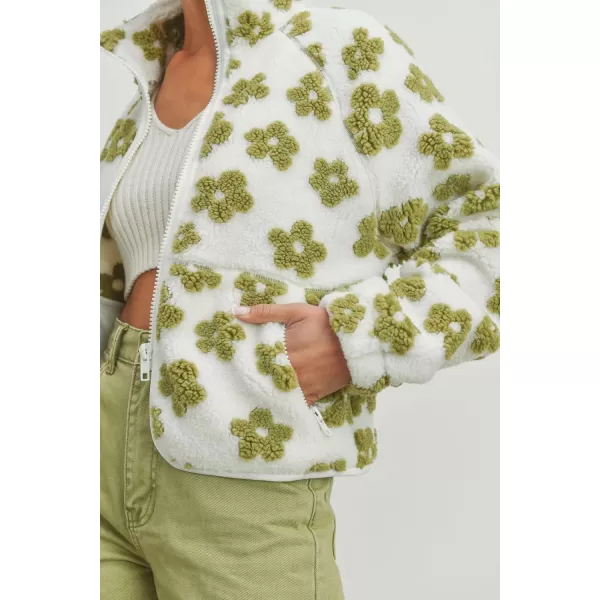 chouyatou Womens Fall Winter Casual Cute Floral Fleece Jacket Fuzzy Zip Up Sherpa Jacket Faux Fur CoatGreen