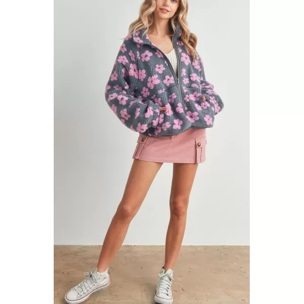 chouyatou Womens Fall Winter Casual Cute Floral Fleece Jacket Fuzzy Zip Up Sherpa Jacket Faux Fur CoatGrey Pink