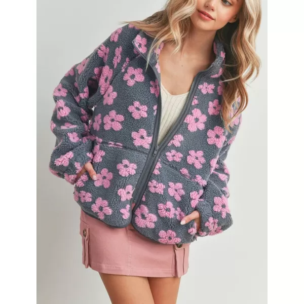 chouyatou Womens Fall Winter Casual Cute Floral Fleece Jacket Fuzzy Zip Up Sherpa Jacket Faux Fur CoatGrey Pink