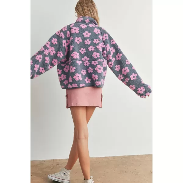 chouyatou Womens Fall Winter Casual Cute Floral Fleece Jacket Fuzzy Zip Up Sherpa Jacket Faux Fur CoatGrey Pink