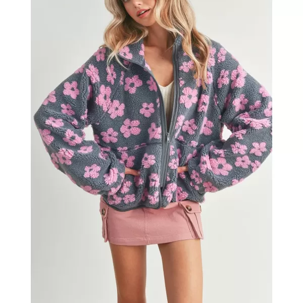 chouyatou Womens Fall Winter Casual Cute Floral Fleece Jacket Fuzzy Zip Up Sherpa Jacket Faux Fur CoatGrey Pink