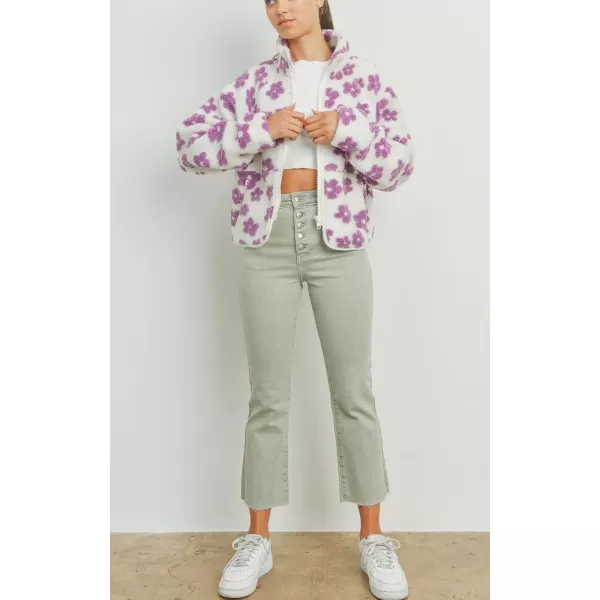 chouyatou Womens Fall Winter Casual Cute Floral Fleece Jacket Fuzzy Zip Up Sherpa Jacket Faux Fur CoatPurple