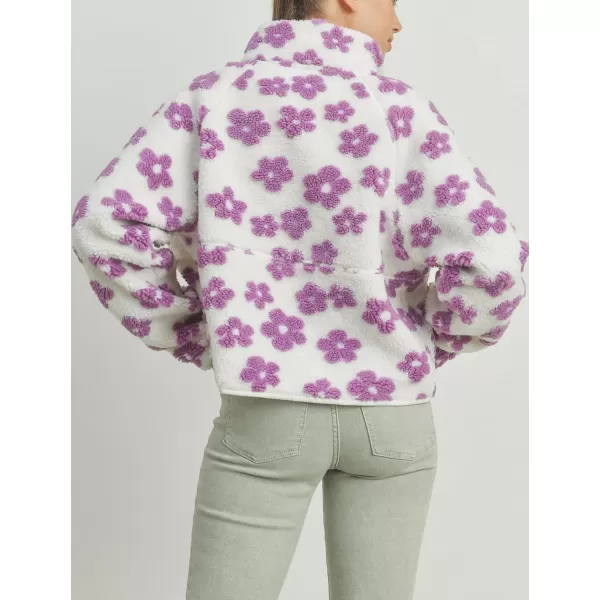 chouyatou Womens Fall Winter Casual Cute Floral Fleece Jacket Fuzzy Zip Up Sherpa Jacket Faux Fur CoatPurple