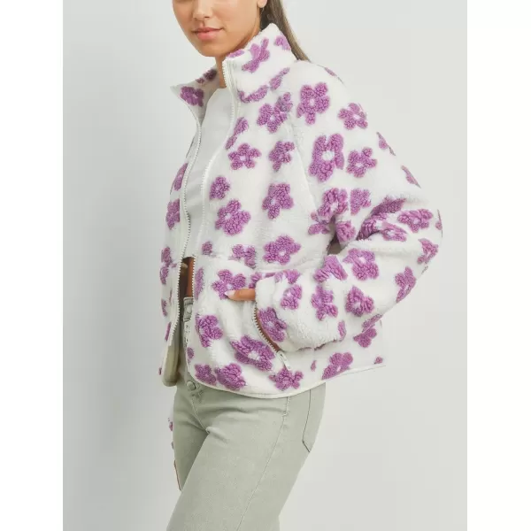 chouyatou Womens Fall Winter Casual Cute Floral Fleece Jacket Fuzzy Zip Up Sherpa Jacket Faux Fur CoatPurple