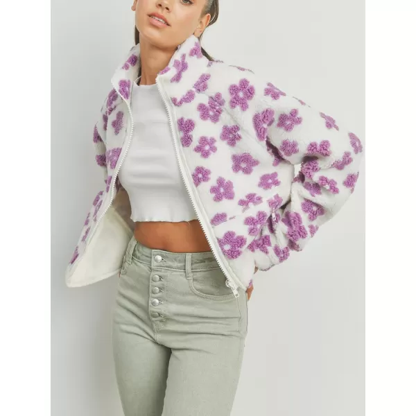 chouyatou Womens Fall Winter Casual Cute Floral Fleece Jacket Fuzzy Zip Up Sherpa Jacket Faux Fur CoatPurple