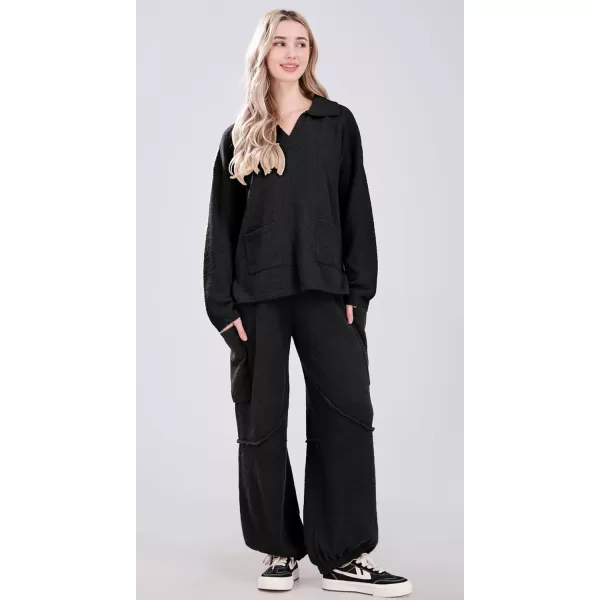 chouyatou Womens Fuzzy Fleece 2 Piece Lounge Pajama Sets Knit Sweater Harem Pants Matching Sets OutfitsBlack