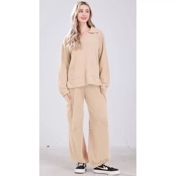 chouyatou Womens Fuzzy Fleece 2 Piece Lounge Pajama Sets Knit Sweater Harem Pants Matching Sets OutfitsCamel