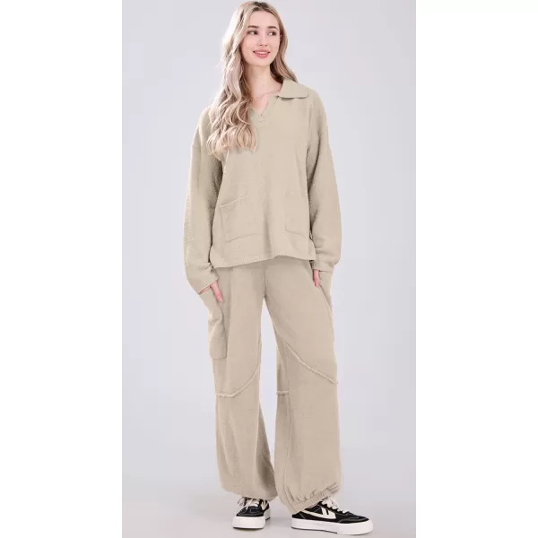 chouyatou Womens Fuzzy Fleece 2 Piece Lounge Pajama Sets Knit Sweater Harem Pants Matching Sets OutfitsLight Khaki