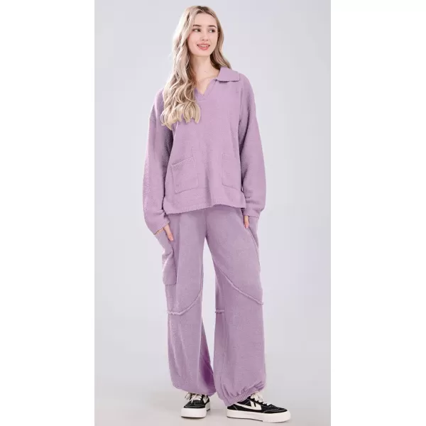 chouyatou Womens Fuzzy Fleece 2 Piece Lounge Pajama Sets Knit Sweater Harem Pants Matching Sets OutfitsPurple
