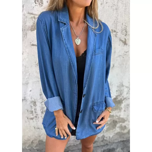 chouyatou Womens Loose Fit Notch Lapel Denim Blazer Boyfriend One Button Business Casual Jean JacketBlue