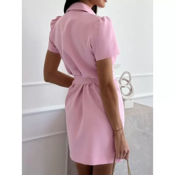 chouyatou Womens Sexy Puff Sleeve Blazer Dress Casual Lapel Double Breasted Belted Blazer Mini DressPink