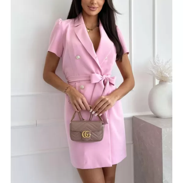 chouyatou Womens Sexy Puff Sleeve Blazer Dress Casual Lapel Double Breasted Belted Blazer Mini DressPink
