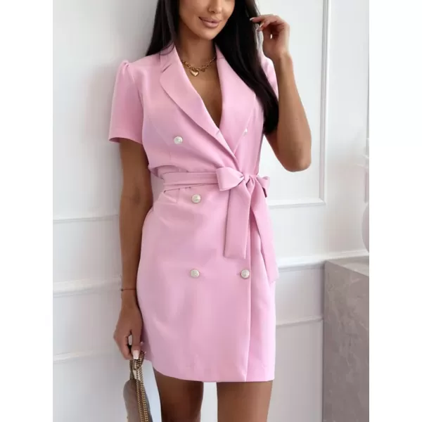 chouyatou Womens Sexy Puff Sleeve Blazer Dress Casual Lapel Double Breasted Belted Blazer Mini DressPink