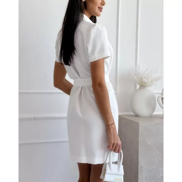 chouyatou Womens Sexy Puff Sleeve Blazer Dress Casual Lapel Double Breasted Belted Blazer Mini DressWhite