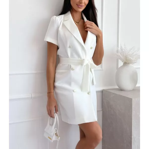 chouyatou Womens Sexy Puff Sleeve Blazer Dress Casual Lapel Double Breasted Belted Blazer Mini DressWhite