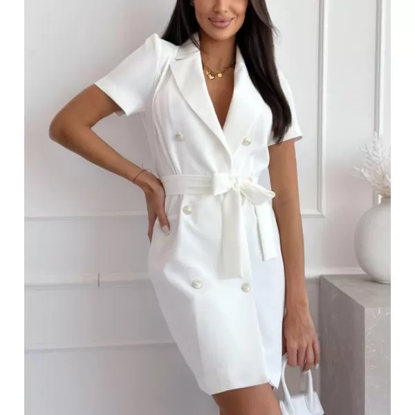 chouyatou Womens Sexy Puff Sleeve Blazer Dress Casual Lapel Double Breasted Belted Blazer Mini DressWhite