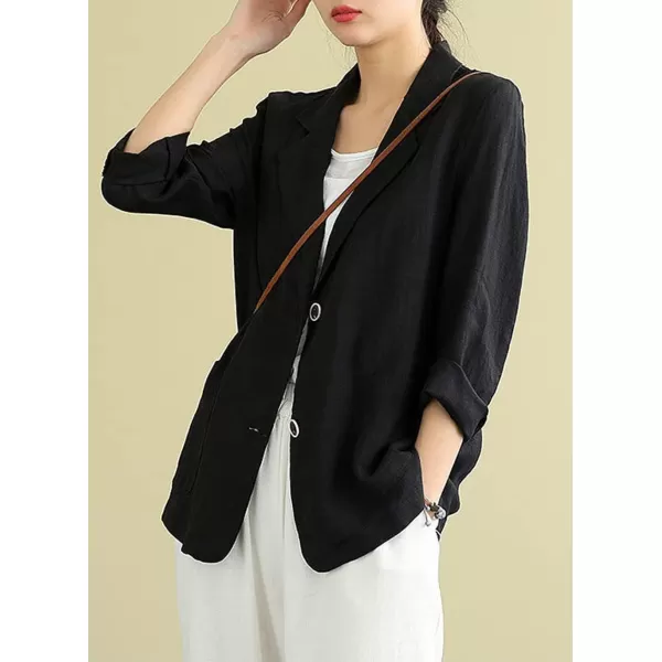 chouyatou Womens Summer Casual 2 Button Office Work Linen Blazer Jacket SuitBlack