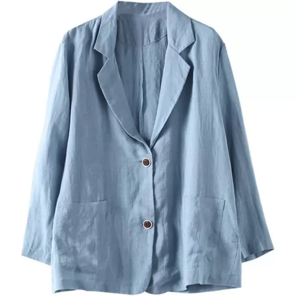 chouyatou Womens Summer Casual 2 Button Office Work Linen Blazer Jacket SuitBlue