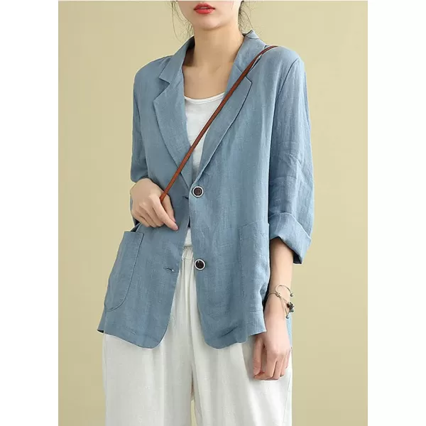 chouyatou Womens Summer Casual 2 Button Office Work Linen Blazer Jacket SuitBlue