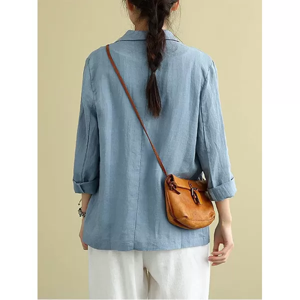 chouyatou Womens Summer Casual 2 Button Office Work Linen Blazer Jacket SuitBlue