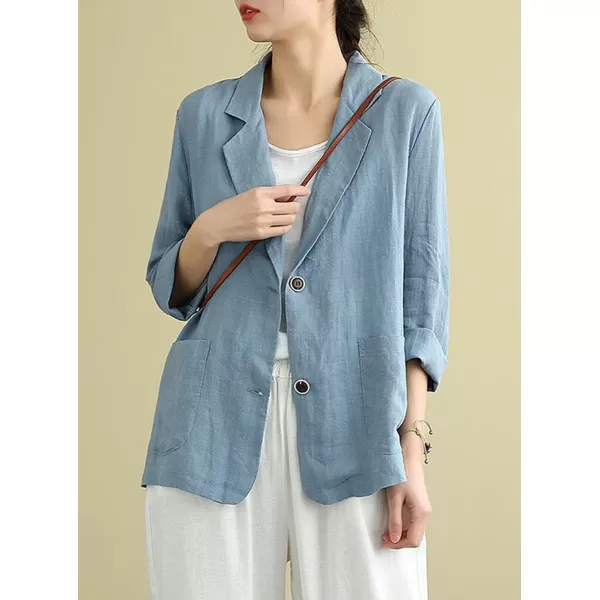 chouyatou Womens Summer Casual 2 Button Office Work Linen Blazer Jacket SuitBlue