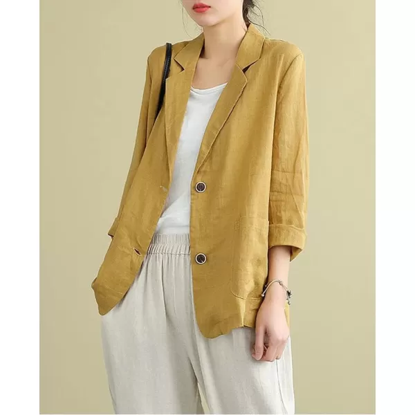 chouyatou Womens Summer Casual 2 Button Office Work Linen Blazer Jacket SuitYellow