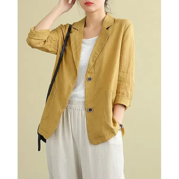chouyatou Womens Summer Casual 2 Button Office Work Linen Blazer Jacket SuitYellow
