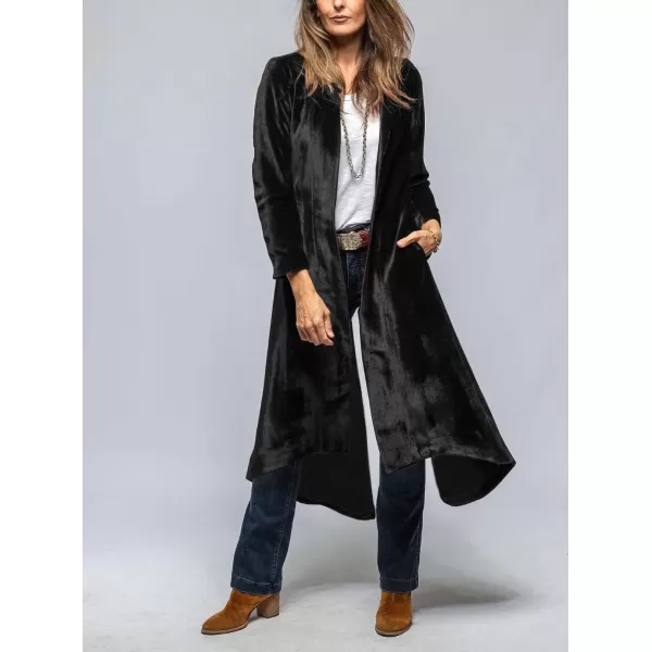chouyatou Womens Velvet Open Front Long Trench Coat Elegant Back High Slit Blazer Suit Jacket with PocketsBlack