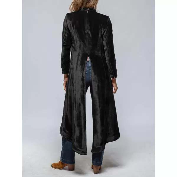 chouyatou Womens Velvet Open Front Long Trench Coat Elegant Back High Slit Blazer Suit Jacket with PocketsBlack