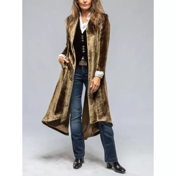 chouyatou Womens Velvet Open Front Long Trench Coat Elegant Back High Slit Blazer Suit Jacket with PocketsGolden Brown