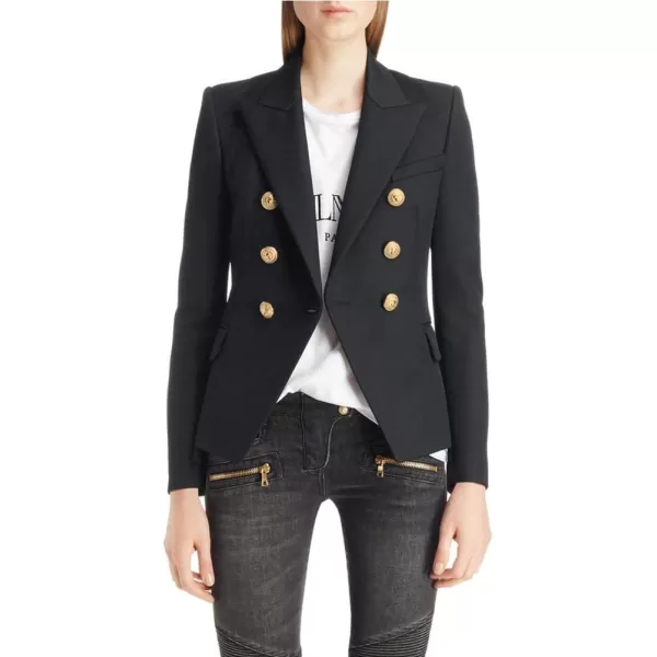 chouyatou Womens Vintage Double Breasted Slim Fit Dress Suit Blazer JacketBlack