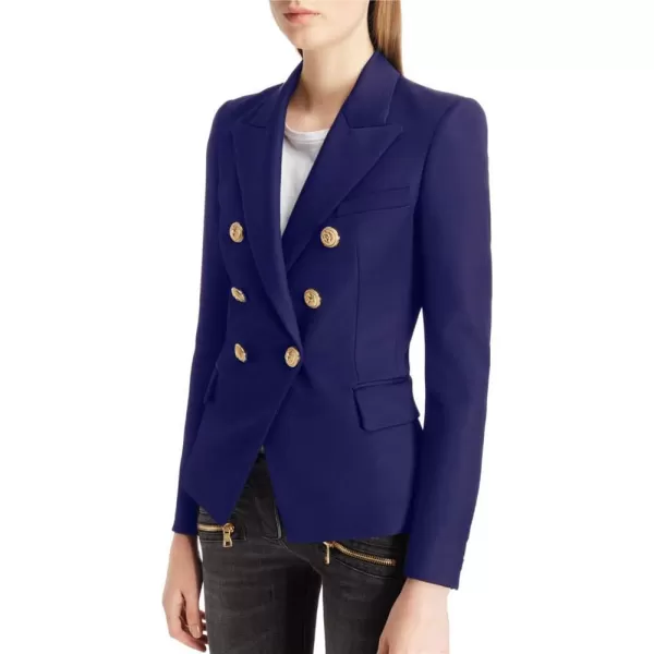 chouyatou Womens Vintage Double Breasted Slim Fit Dress Suit Blazer JacketBlue