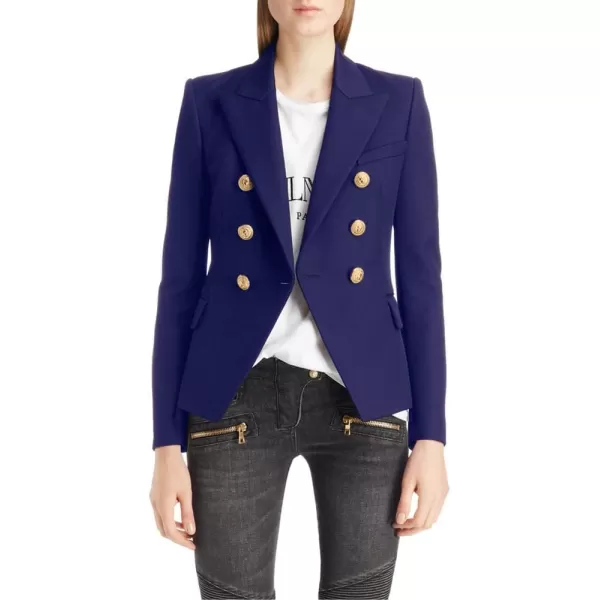 chouyatou Womens Vintage Double Breasted Slim Fit Dress Suit Blazer JacketBlue