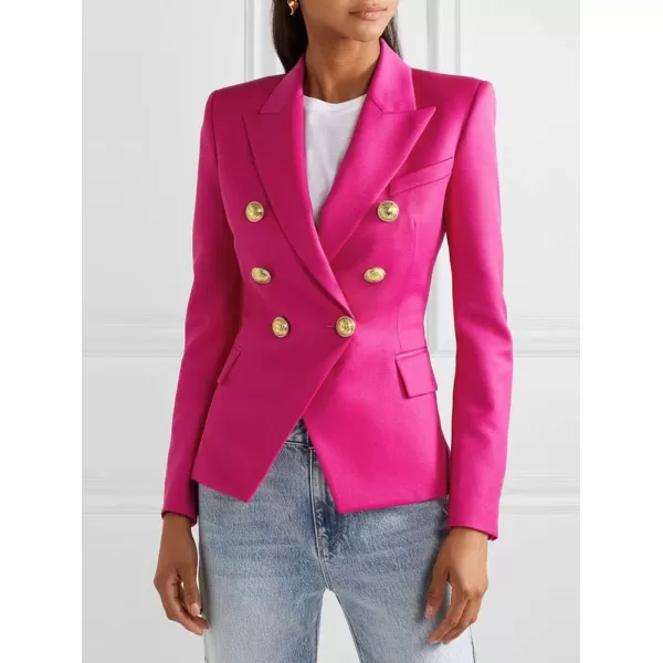 chouyatou Womens Vintage Double Breasted Slim Fit Dress Suit Blazer JacketHot Pink