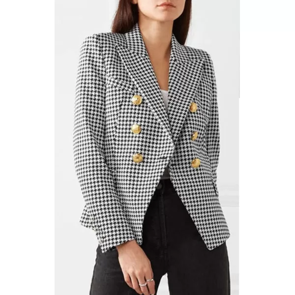 chouyatou Womens Vintage Double Breasted Slim Fit Dress Suit Blazer JacketHoundstooth