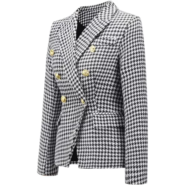 chouyatou Womens Vintage Double Breasted Slim Fit Dress Suit Blazer JacketHoundstooth